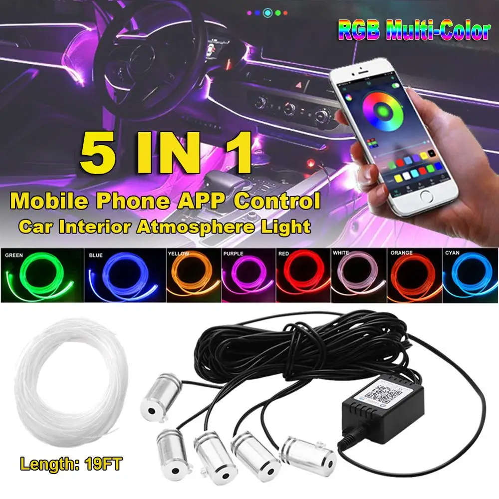 

6M DC 12V RGB LED Strips Ambient Light Car 8 colors Atmosphere Light Lamp APP Bluetooth Control DIY Music Fiber Optic Band