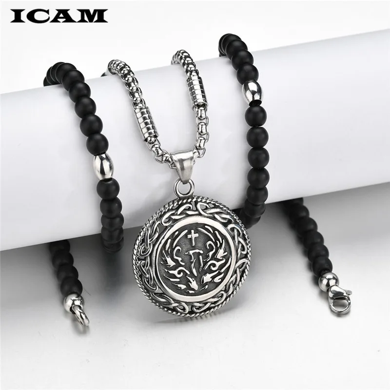ICAM винтажный крест-кулон ожерелье из нержавеющей стали Новый дизайн Черная цепь