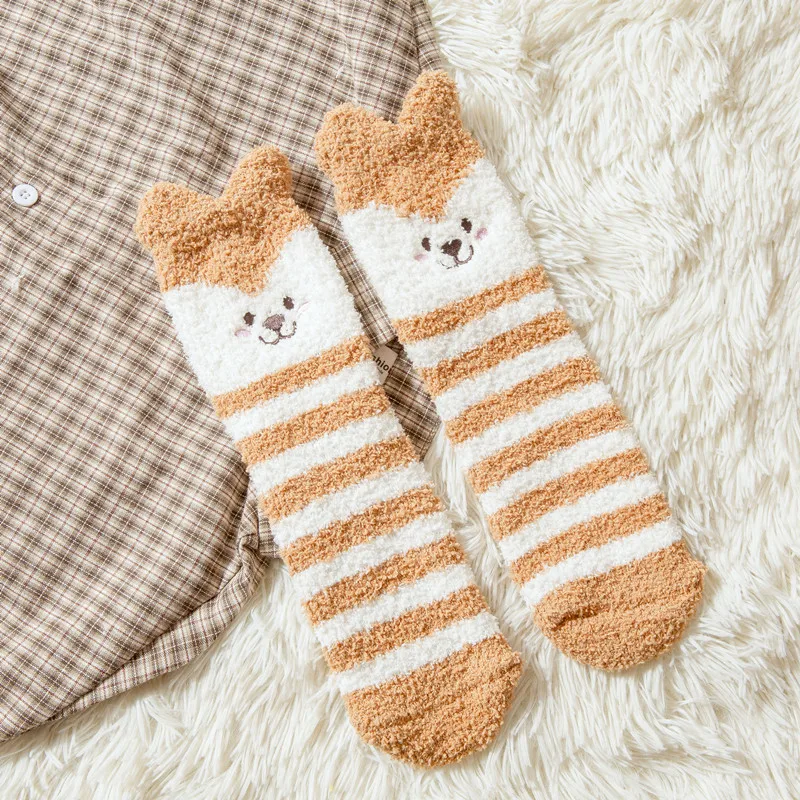 Махровые носки с вышитыми кошачьими хлебными пушистыми ушками; домашние тапочки; женские зимние Утепленные бархатные носки в стиле Харадзюку - Цвет: 2