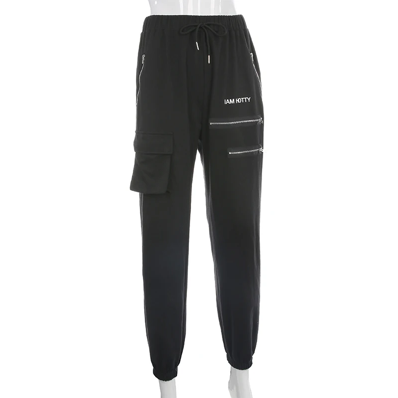 IAMHOTTY/уличная одежда; мешковатые спортивные брюки-карго на молнии с буквенным принтом и карманами; свободные брюки с высокой талией в стиле хип-хоп; черные базовые брюки