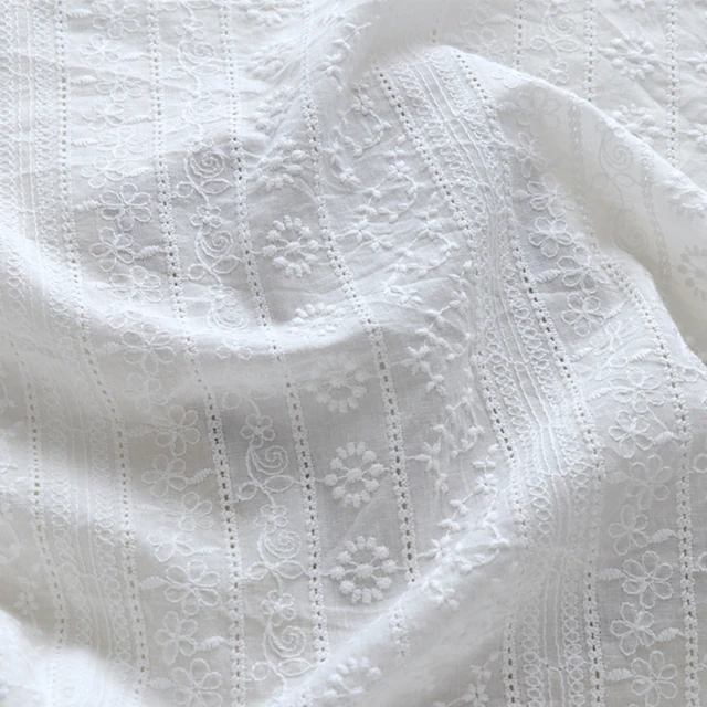 White Cotton Fabric By The Yard,eyelet Fabric Stripes Floral