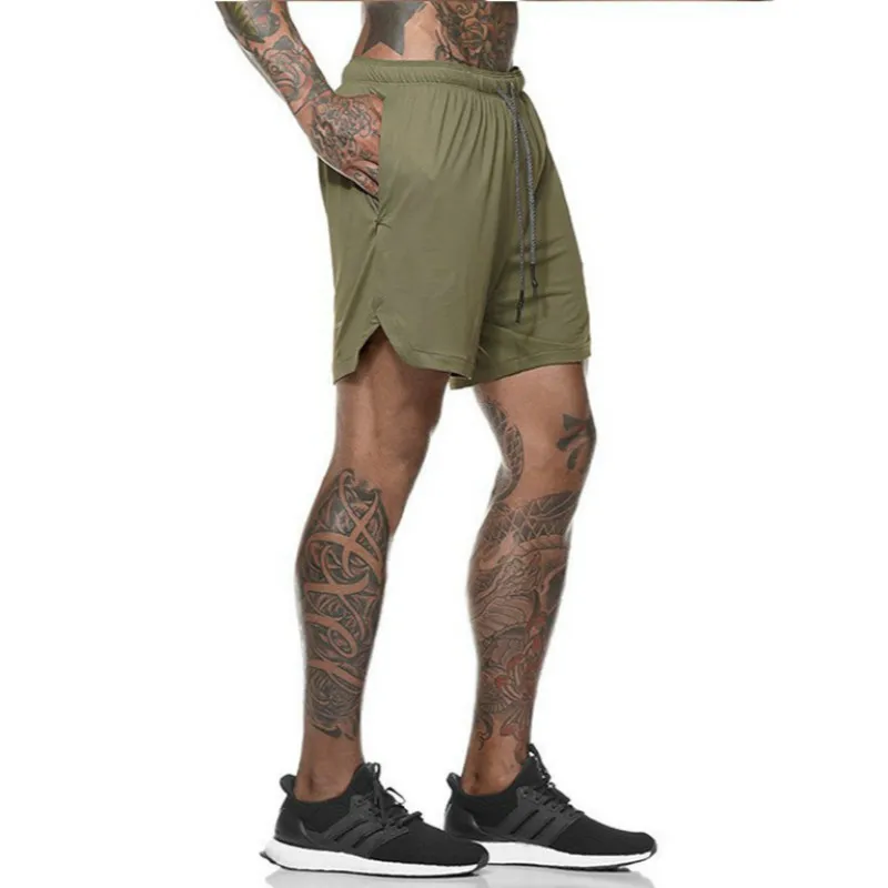 Мужские спортивные шорты с защищенным карманом для фитнеса 2 в 1 шорты быстросохнущие модные эластичные талии для активного отдыха M-3XL - Цвет: army green
