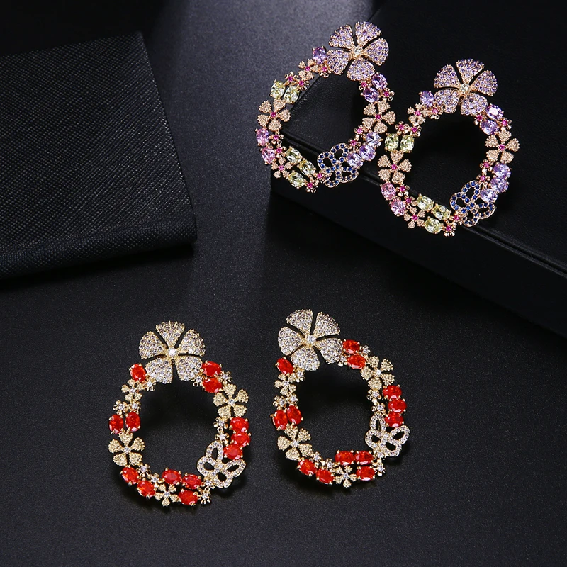 New Luxury Round Flower Women Stud Earrings Inlay Multicolor Zirconia Big Studs for Dubai Wedding Bridal Earing Fashion Jewelry