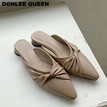 

New Spring Closed Toe Slippers Women Slip On Low Heel Mule Shoes Women Elegant Brand Slides Fashion Pleated Outdoor Flat Slipper