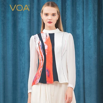 

VOA heavy weight half high collar nail bead ramming material splicing bright line decoration micro elastic silk T-shirt B9228