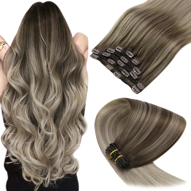 VeSunny Clip in Hair Extension Human Hair Ombre Blonde Remy Seamless Hair Extension Human Hair Brown Balayage Natural Human Hair 4-14-60