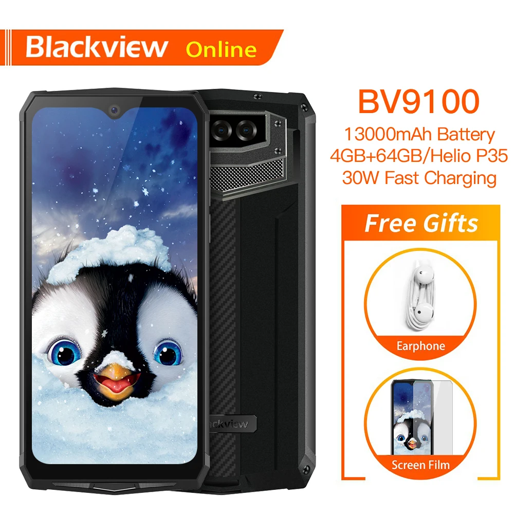 Новое поступление Blackview BV9100 IP68 водонепроницаемый прочный смартфон 13000 мАч 4 Гб+ 64 ГБ Android 9,0 две камеры 16,0 Мп мобильный телефон