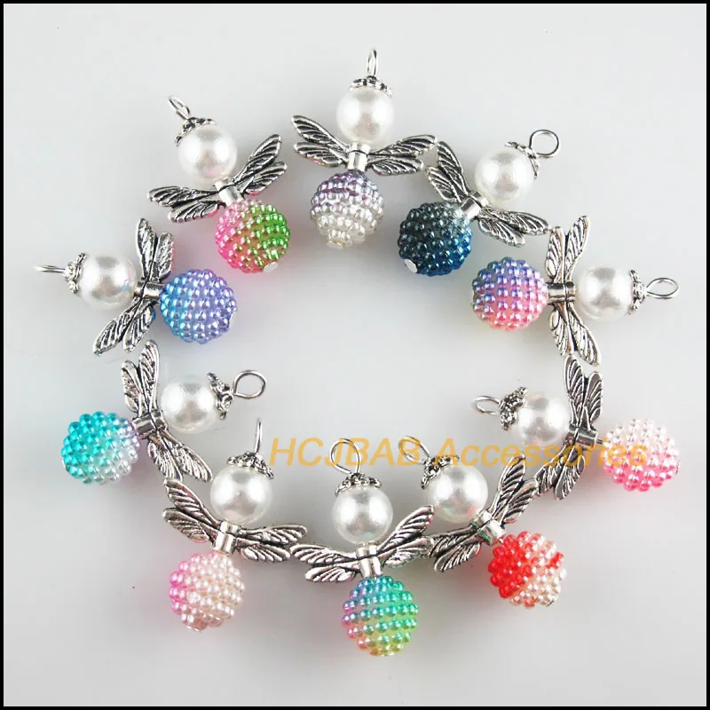 

10 New Angel Charms Tibetan Silver Tone Mixed Acrylic Waxberry Ball Pendants 20x29mm