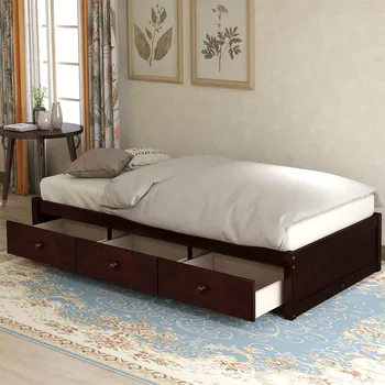 

Twin Size Platform Storage Bed Wooden Extendable Daybed Bed frame with Bed Three Storage Drawers Sofa Bed for Bedroom Furniture