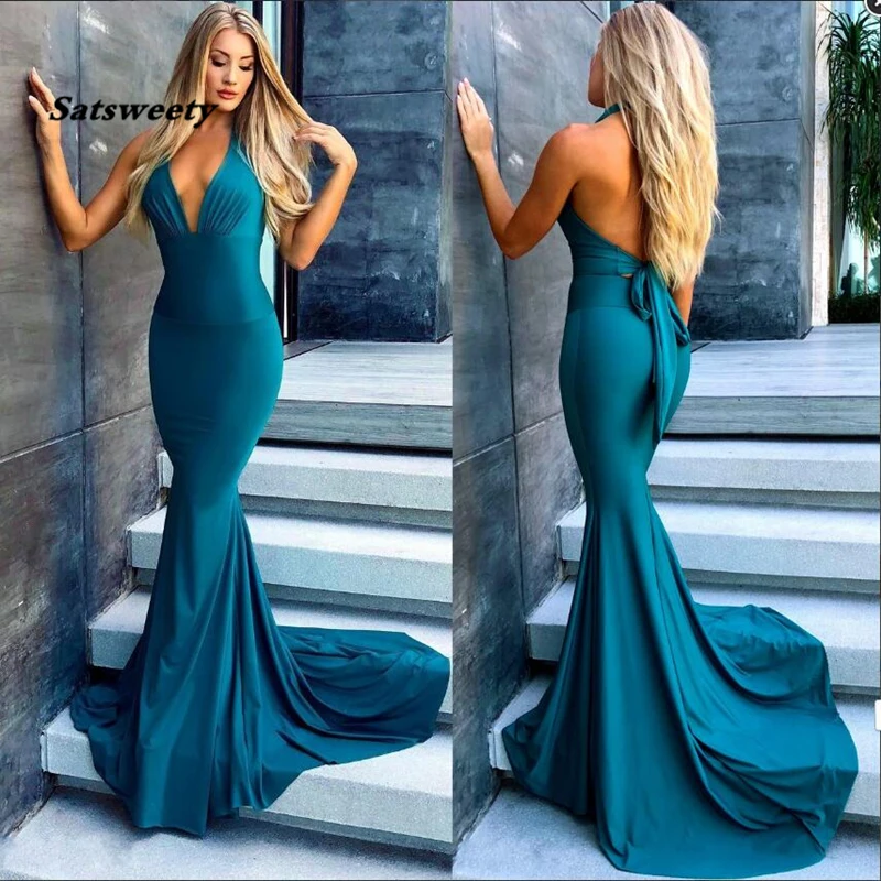 Vestidos de dama de Honor de sirena con abertura lateral en azul turquesa,  vestido largo Sexy