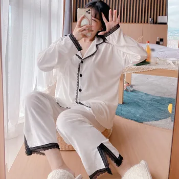 

Autumn Fleece Lace Women's Pajama Sets Soft Homewear Winter Female Sleepwear Single Breasted Turn-Down Collar Ladies Home Suit