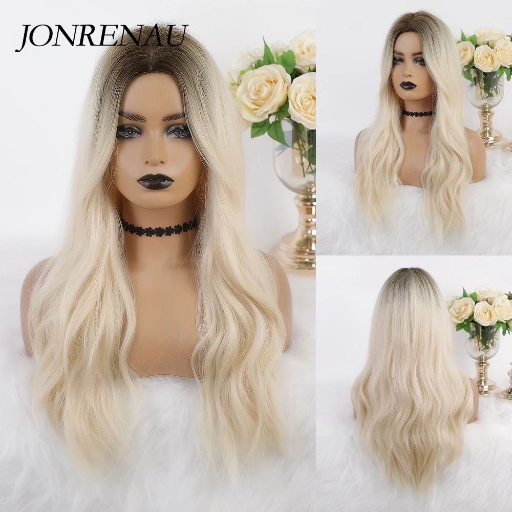 

JONRENAU Syntheic Platinum Wig with Brown Root for Black White Women Medium Length Natural Wave Hair Wigs Heat Resistant Fiber