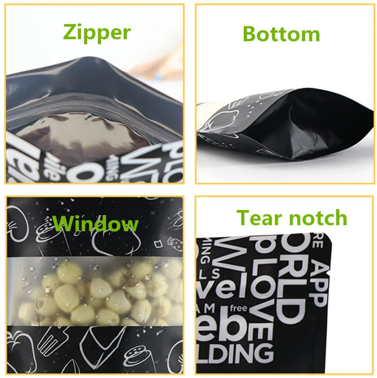 

50pcs/pack Stand up Glitzy Matt Black Window Ziplock Bag 2 Deisgns Universal Packaging Bag Food Storage Pouches