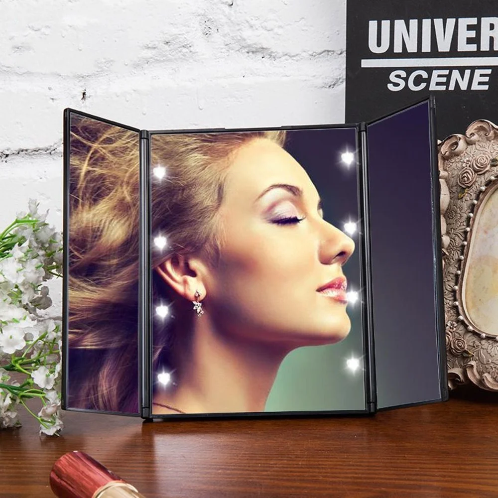Профессиональный светодиодный косметическое зеркало с сенсорным экраном для рабочего стола, трехстороннее складное увеличительное зеркало для макияжа, яркий регулируемый косметический инструмент