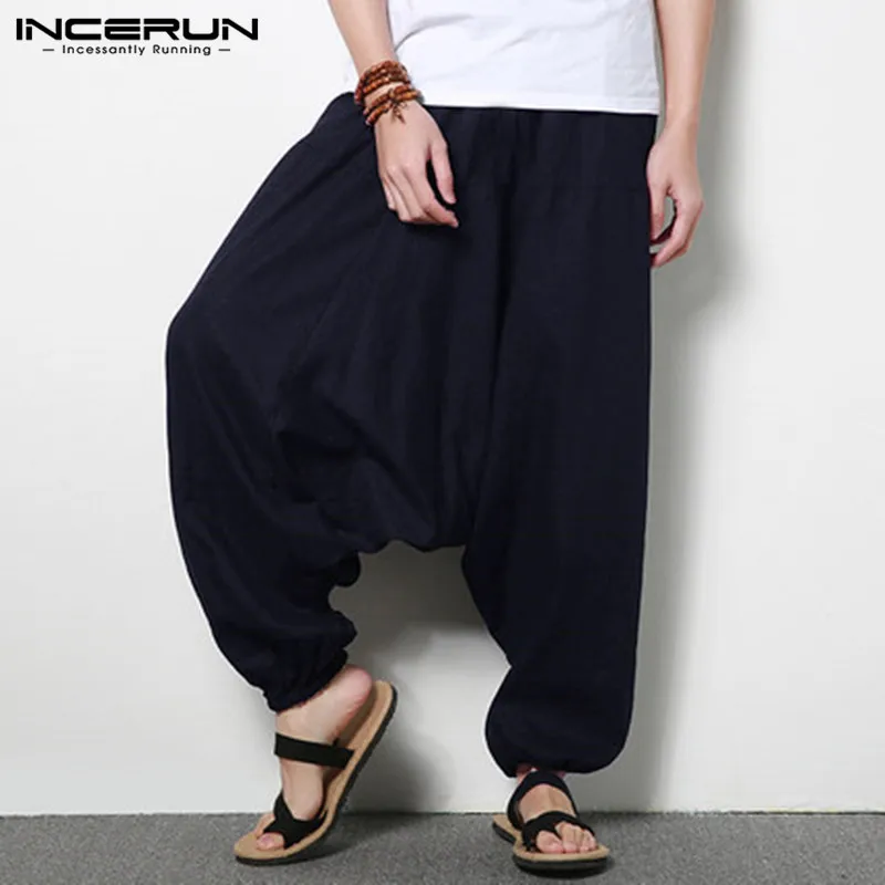 INCERUN Men Harem Pants Cotton Streetwear Joggers Solid Color Pants Nepal Drop-crotch Trousers Men Loose Long Pants Plus Size INCERUN Men Harem Pants Cotton Streetwear Joggers Solid Color Pants Nepal Drop-crotch Trousers Men Loose Long Pants Plus Size