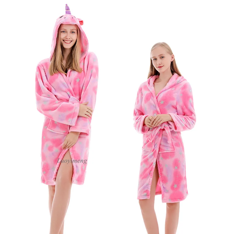 Children Bath Robe Baby Towel Hooded Kids Girls Dressing Gown Unicorn Bathrobes Boy Pajamas Sleepwear Adults Animal Bathing Robe