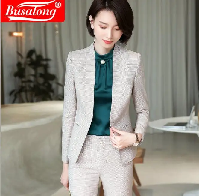 Fashion Women Pant suits Long sleeve Cotton jackets Uniform Single Breasted Tops and trouser