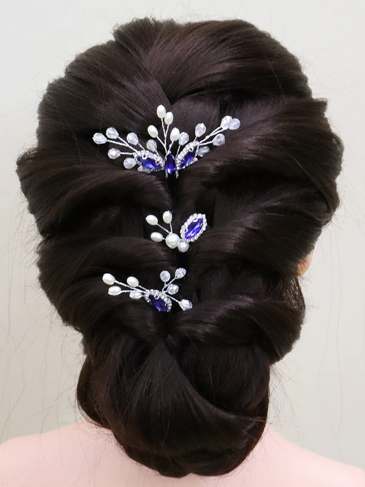 Romantic Blue Bridal Hair Pins Rhinestone Crystal Women Headpieces Prom Party Hair Jewelry Wedding Accessory 3PCS Clip