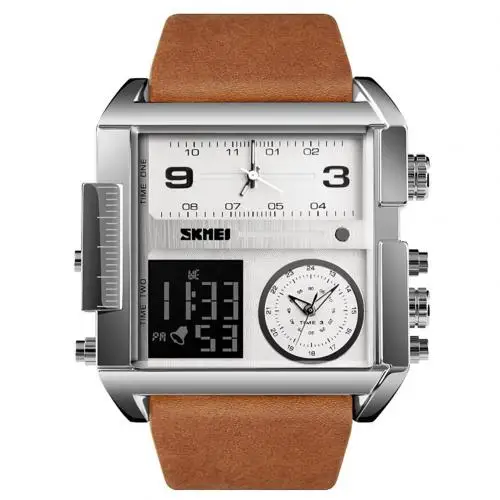SKMEI 1391 модные квадратные кварцевые наручные часы с циферблатом, многофункциональные водонепроницаемые Мужские часы из натуральной кожи - Цвет: Silver  Brown