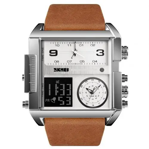 Silver Brown SKMEI 1391 модные квадратные кварцевые наручные часы с циферблатом, многофункциональные водонепроницаемые Мужские часы из натуральной кожи - Цвет: Silver Brown