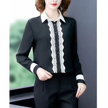 

Lace Stitching Chiffon Blouse Women Long Sleeve Stand Collar Black Shirt Female Slim Elegant Office Ladies Tops Work Clothes New