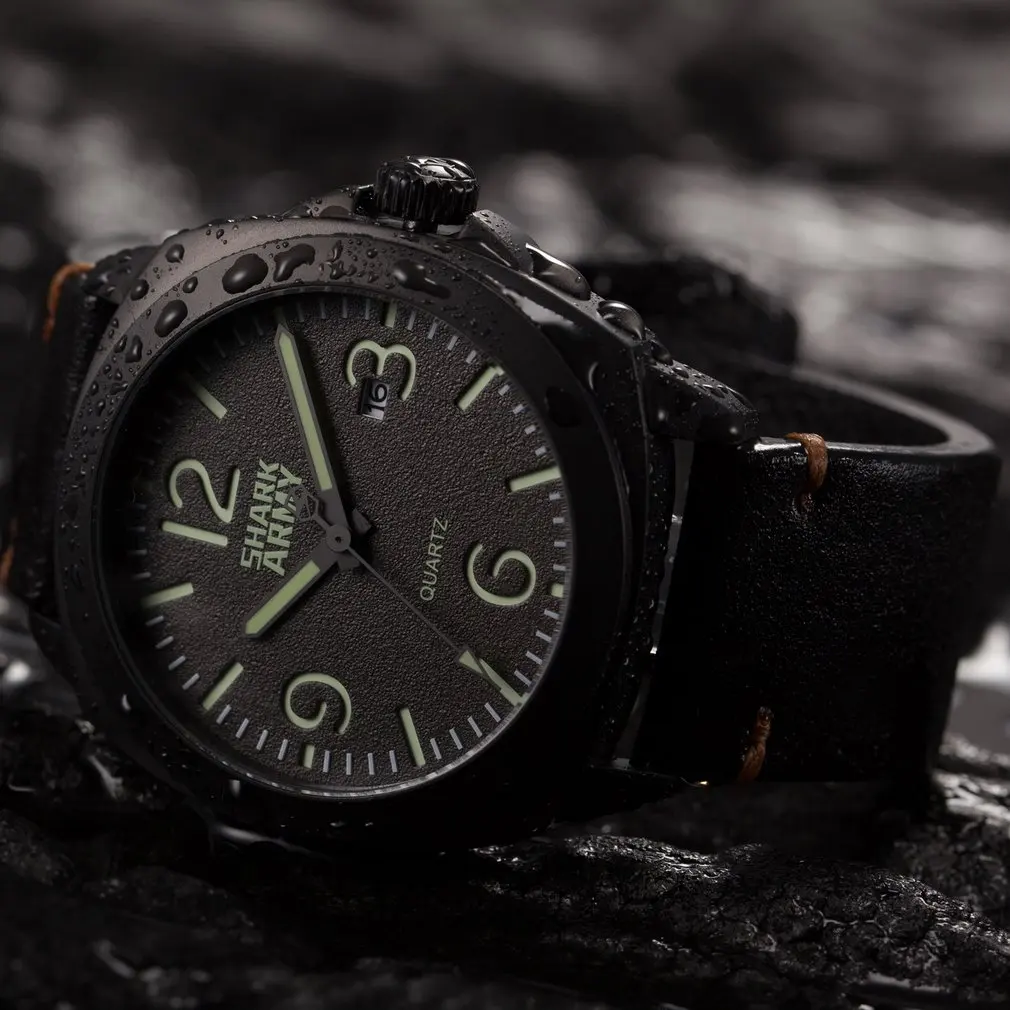 Army Shark Relogio Curren 100 м водонепроницаемые светящиеся черные часы с кожаным ремешком из нержавеющей стали военные кварцевые часы/SAW184
