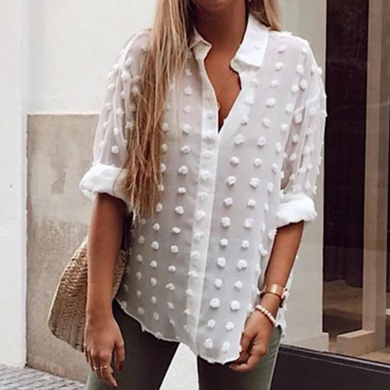 

Womens Tops and Blouses Elegant Long Sleeve chemise femme Polka Dot Loose OL Shirt Ladies Chiffon Blouse Dames blusa feminina