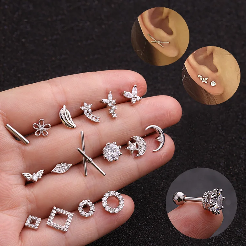 

Silver Mix 16 Styles Small Tragus Cartilage Stud Cz Flower Moon Star Tiny Helix Piercing Jewelry Rook Conch Screw Back Earring