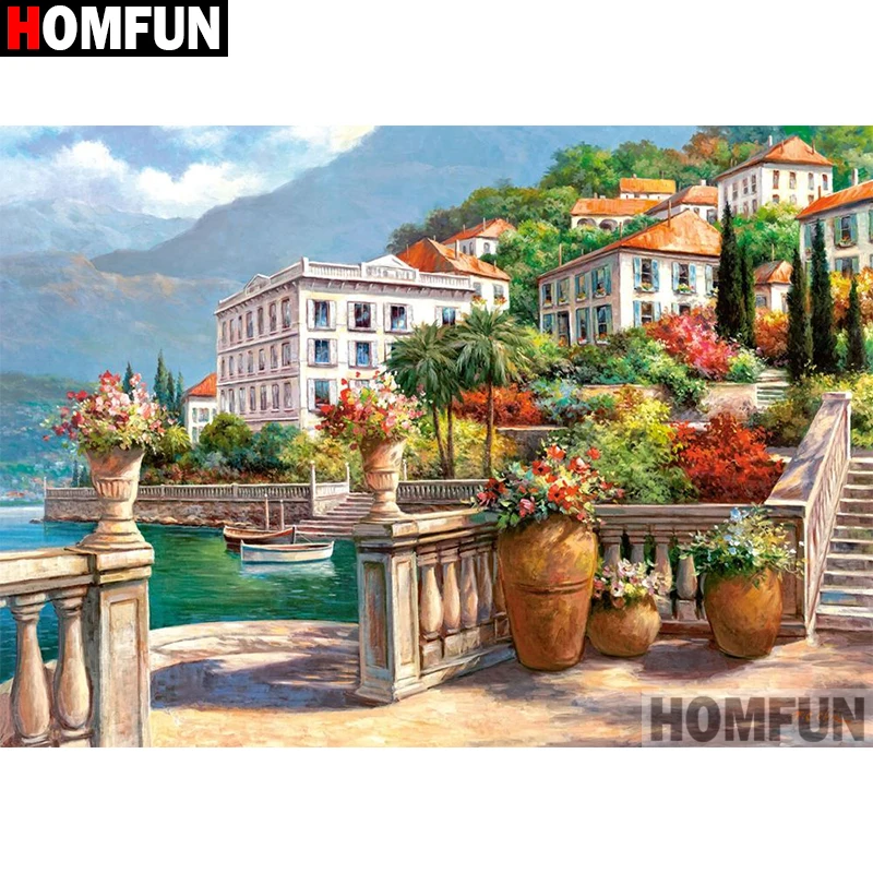 Homfun – Peinture Diamant Personnalisée, "Paysage De Maison De Mer", Points De Croix, Photo, Broderie, Carré, Rond, Perceuse, Décor De Maison, A30250