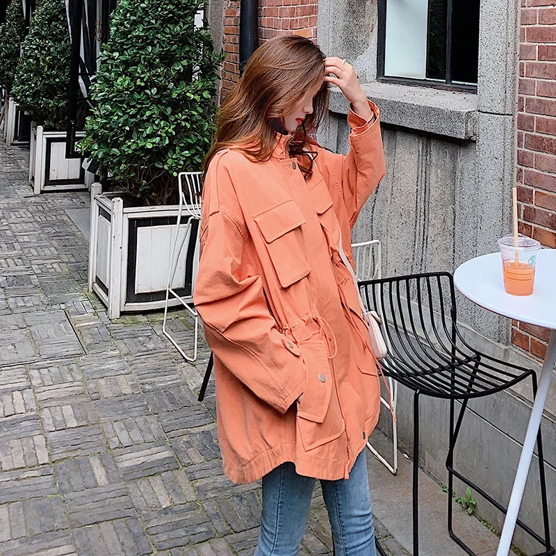 

Trench Coat Women's 2019 Autumn New Style Korean-style Loose-Fit Versatile Stand Collar Drawstring Workwear Casual on Clothes Wo