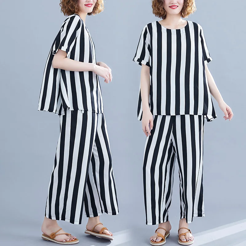 

2020 Spring New Style Korean-style Loose-Fit Two-Piece Set Stripes Slimming Loose Pants Set