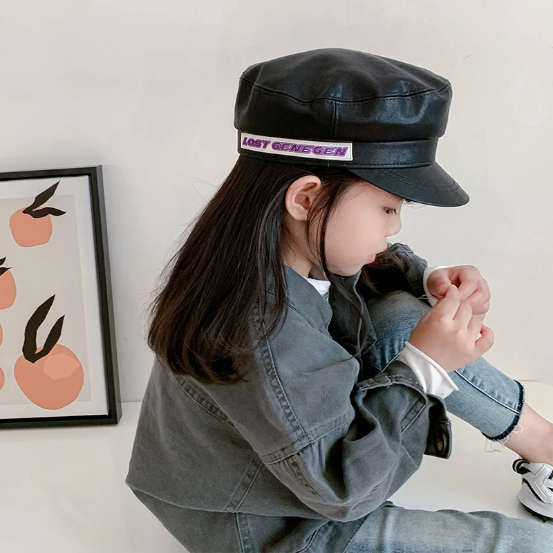 

Children Winter Leather Baseball Cap Spring Autumn Boys Girls Toddler Kids Fashion Sun Hats Baby photography Props Accessories