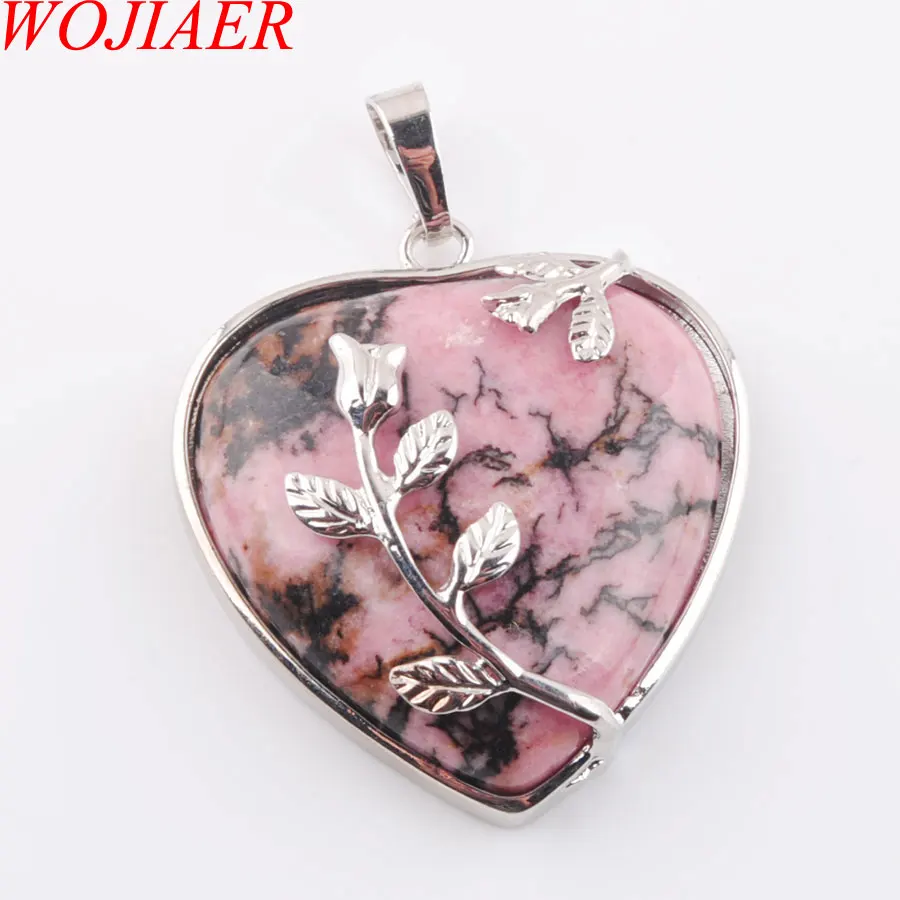 Натуральные драгоценные камни, бусины, сердце, посеребренный цветок, целительная Рейки Чакра, ожерелья с подвесками, 1 шт., ювелирные изделия PBN316 - Окраска металла: Jasper
