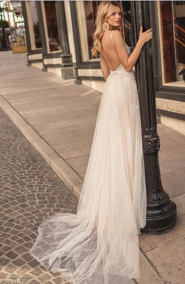abiye robe de mariee Gowns Spaghetti Floor Length Boho Wedding Gowns Backless Bridal Dresses Appliques vestido de noiva