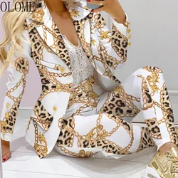 Olome formal jaqueta & calças senhora do escritório outfits outono feminino duas peças conjunto de corrente impressão blazer casaco & calças conjuntos terno