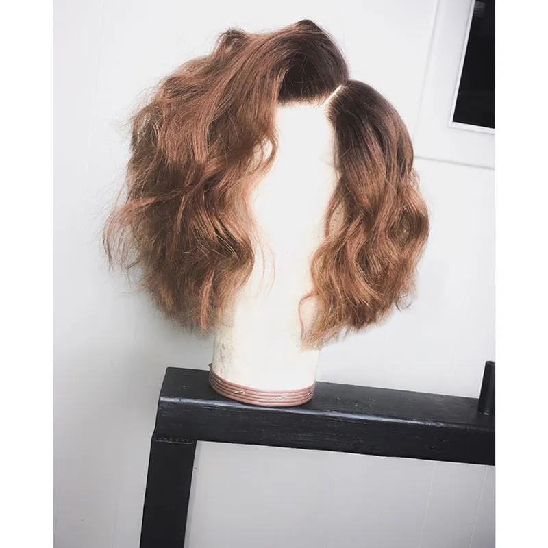 Short Brown & Honey Blonde Lace Front Wigs Ombre Colored Wavy Bob 150% Remy Human Hair Wigs For Women Pre Plucked Blunt Cut