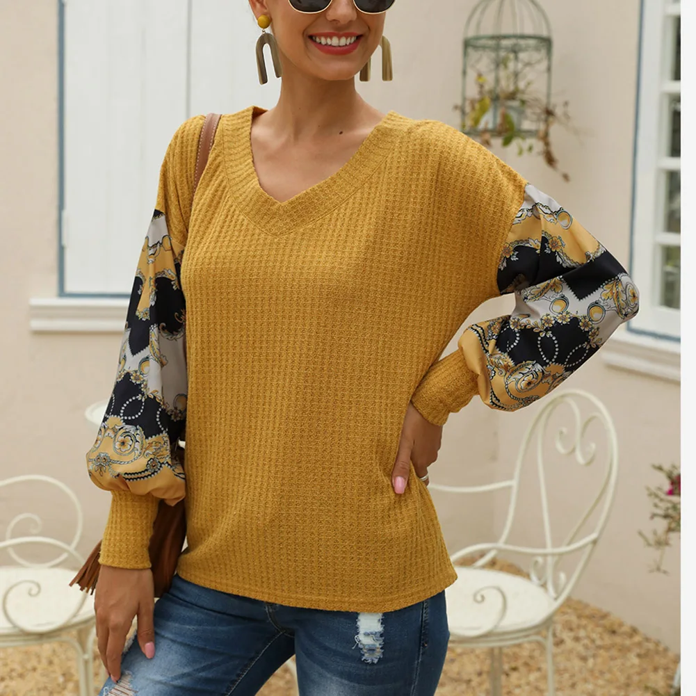Bohisen 2019 New Women Fashion Pullovers Knitted Sweater Autumn V Neck Lantern Sleeve Boho Knit Patchwork Sweater Loose Sweater Bohisen 2019 New Women Fashion Pullovers Knitted Sweater Autumn V Neck Lantern Sleeve Boho Knit Patchwork Sweater Loose Sweater