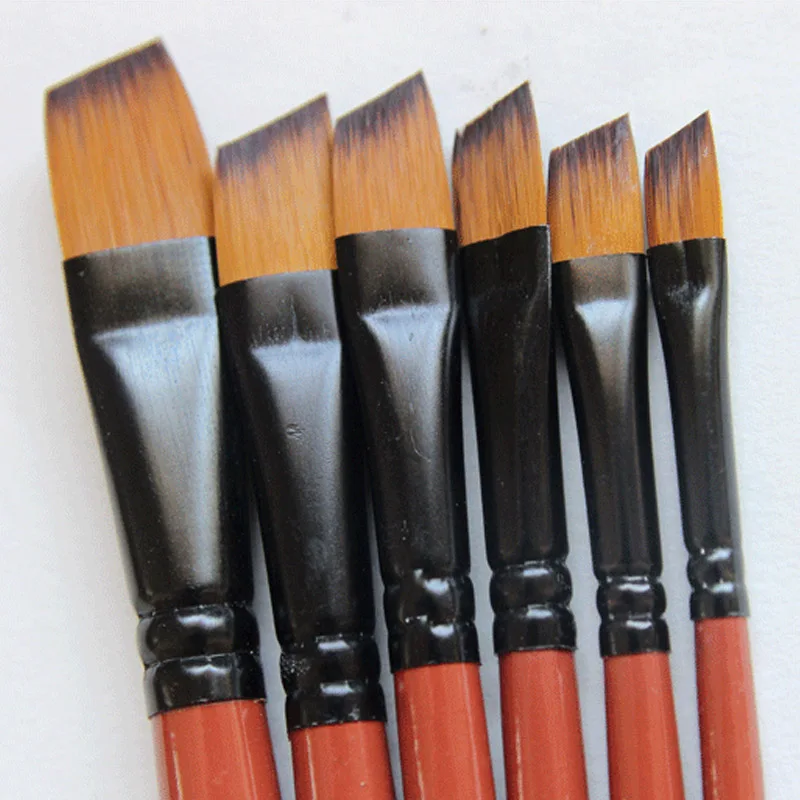 Pinceaux pour peinture à l'huile et à l'aquarelle, poils en Nylon, brosses artisanales pour peinture acrylique marron, stylos de dessin pour artistes étudiants, 6 pièces