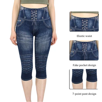 

New Sexy Faux Jeans Leggings Women Stretch Printed Short Leggins Plus Size Calf-Length Pants Summer Breeches High Waist Jeggings
