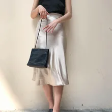 HLHPYHB Высокая талия блестящая атласная Труба Офисная Женская юбка Глянцевая рыбий хвост юбки женские элегантные вечерние трапециевидные юбки средней длины юбка с запахом