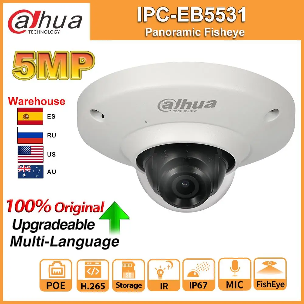 

Original Dahua IPC-EB5531 5MP IPC Panoramic Fisheye IP camera POE Built-in Mic SD Card Slot H.265 Smart Detect Onvif IP67