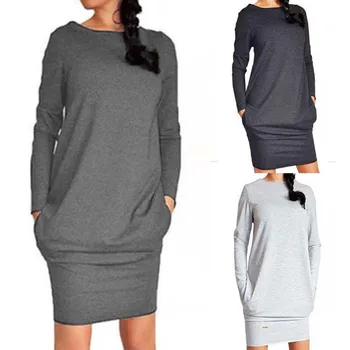 

2019 Winter New Women Long Sleeve Thumb Out Dress With Pockets Solid Gray White Mini Dress Women Clothing Sexy Office Lady Dress