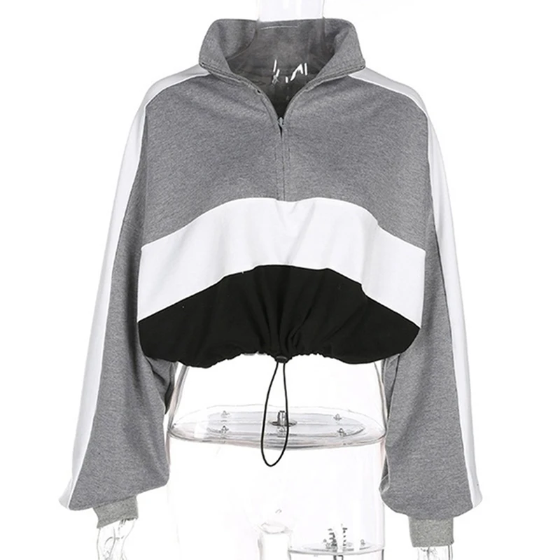 gray Новая Осенняя женская короткая укороченная толстовка, женская модная полосатая толстовка, Женская Повседневная свободная толстовка на молнии для женщин - Цвет: gray