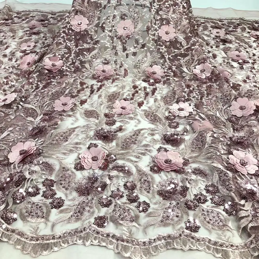 

Blush pink African lace fabric 2020 high quality lace 3d sequins fabric embroidery mesh tulle net lace fabrics for wedding dress
