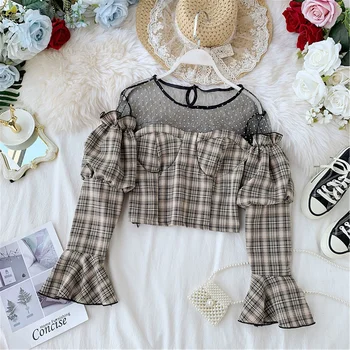 

Women Public 2019 New Perspective Mesh Splicing Shirt Lady Round Neck Long Sleeve Short Blouse Blusas Femininas Elegante J863
