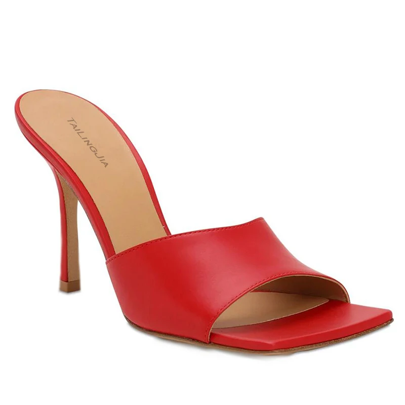 Square Toe High Heel Sandals Women Summer Shoes Red Woman Sandal Ladies Black Heels Fashion Heeled Mules Slippers Slides