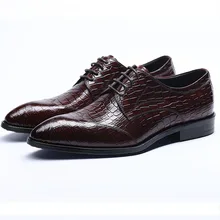 Genuine Cow Leather Pointed Toe Men Dress Shoes Oxfords Crocodile Pattern Shoes Black Wine Red Lace-up Italy Shoes