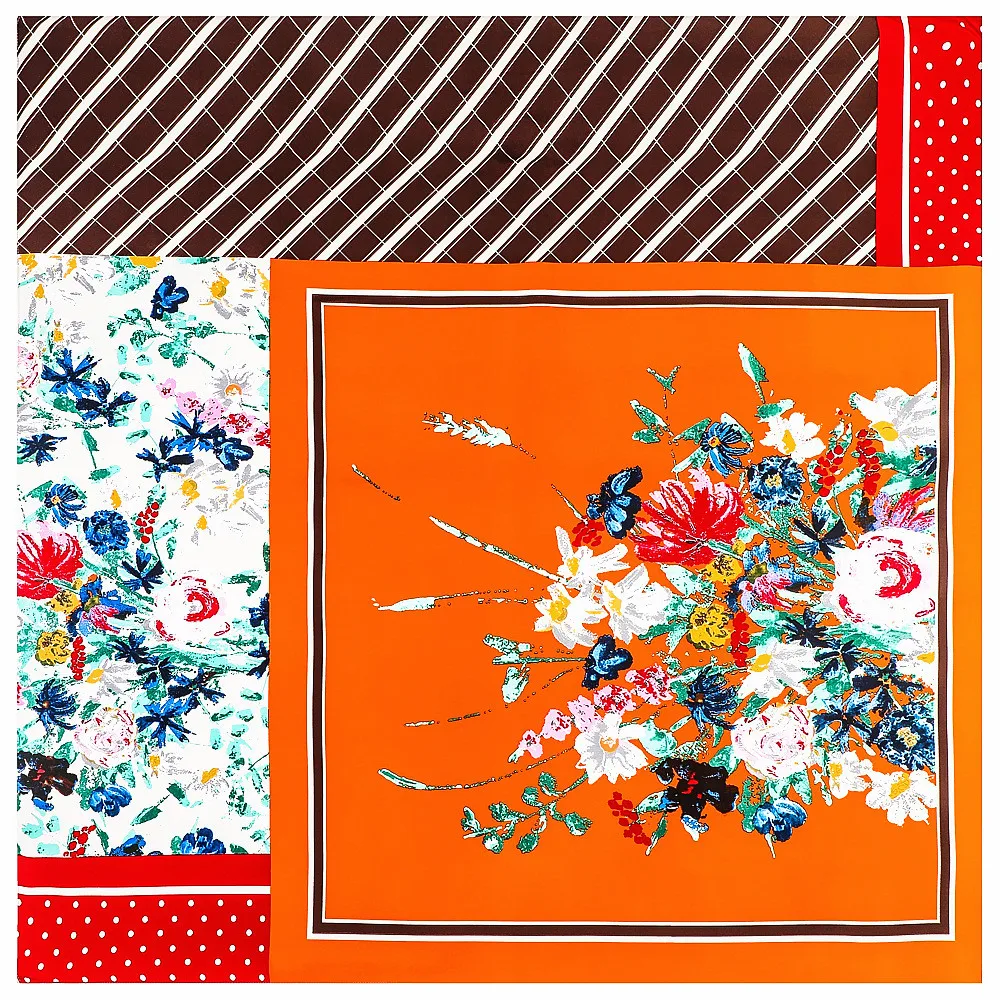 

POBING Silk Scarf Women Flowers Tree Print Stoles Square Scarves Wraps Large Bandana Kerchief Hijabs Female Silk Foulards 130CM