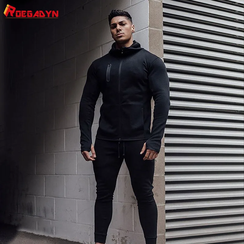 ROEGADYN Tracksuit For Men Hoodie Fitness Gym Clothing Men Running Set
