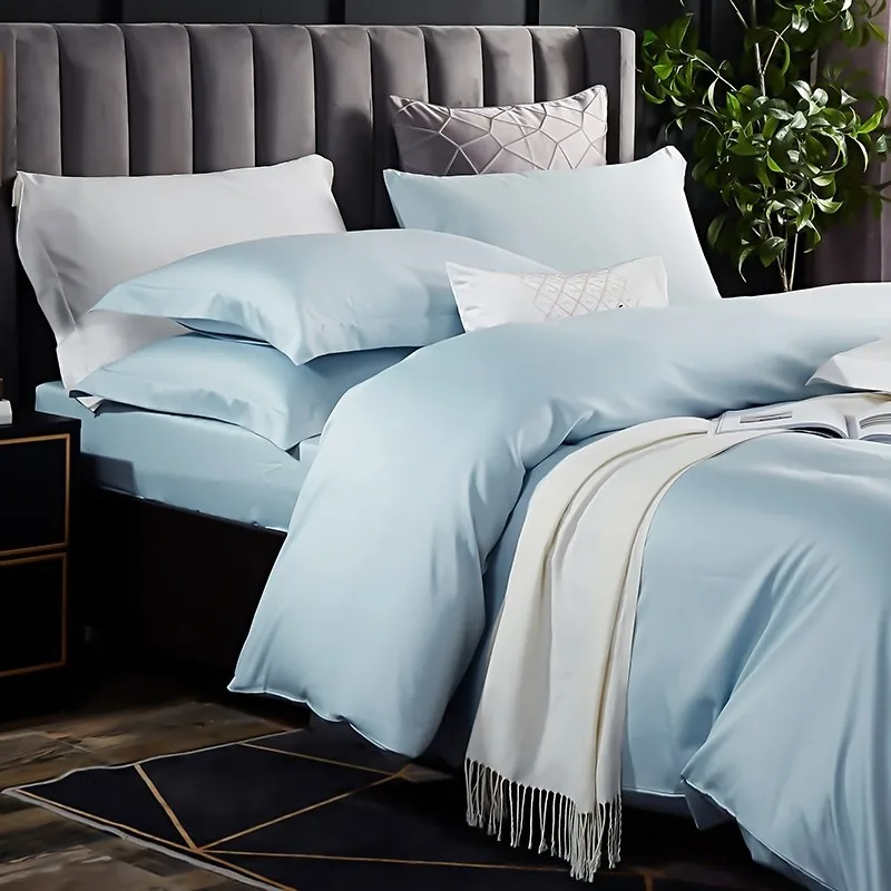 

Egyptian Cotton Baby Blue Reversible Solid Double Queen King Bedding Set Simple Duvet Cover Zipper Extra Soft Silky Bed Sheet